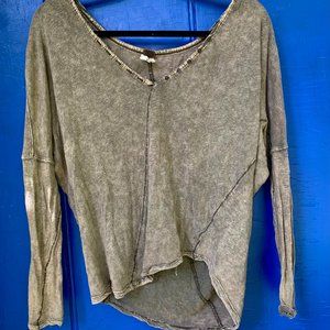 Free People Long-Sleeve Henley, Olive Green XS